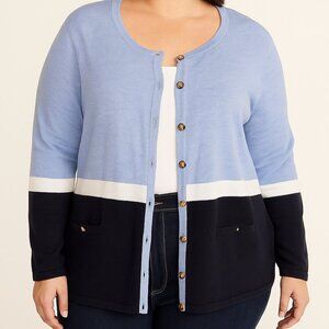 Karen Scott Light Blue Navy Sweater Cardigan Preppy Coastal Nautical Colorblock